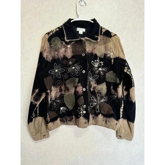 CHRISTOPHER & BANKS Women Brown Black Velvety Corduroy Floral Jacket Boho Medium - Picture 2 of 8